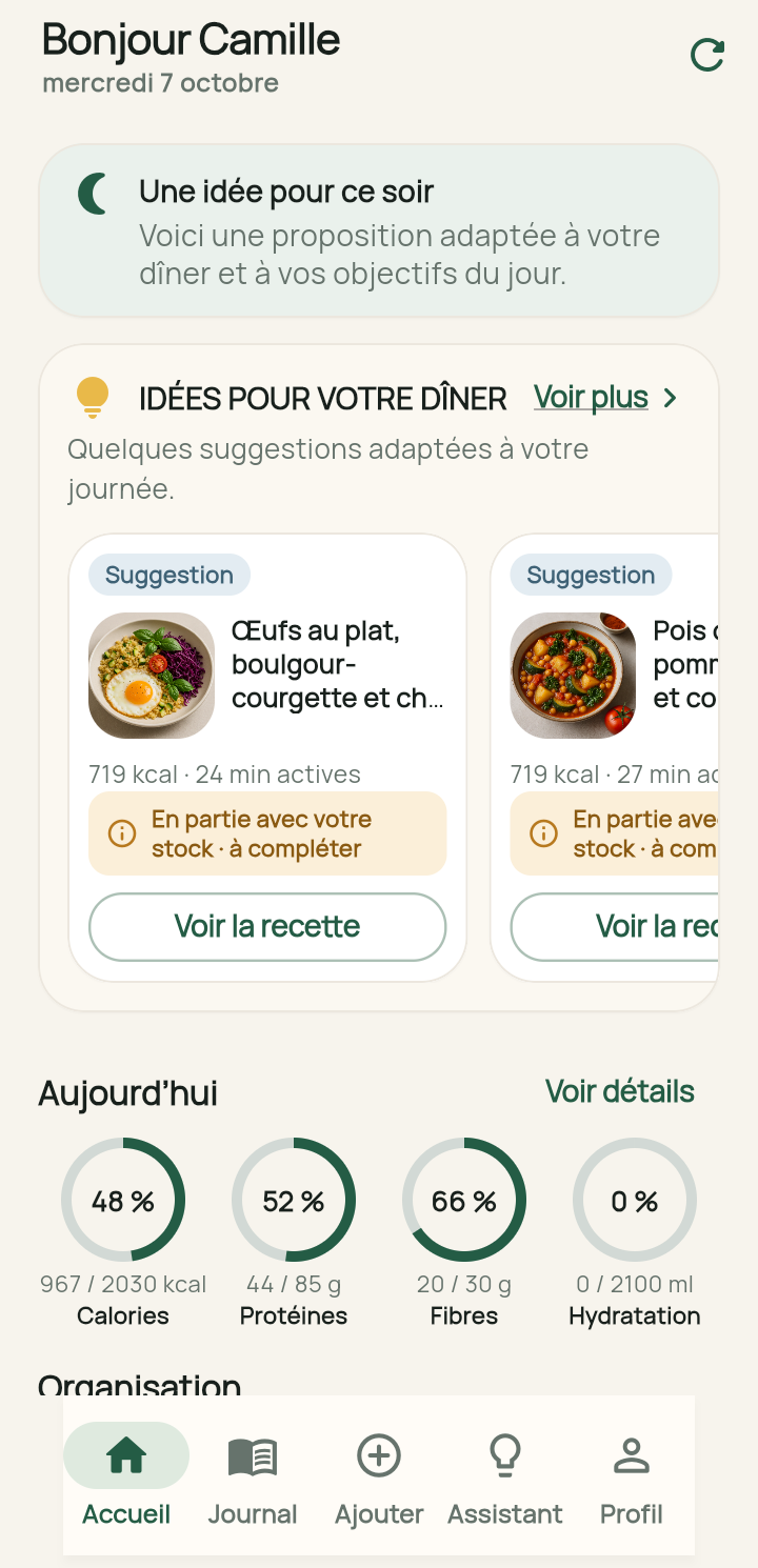 Écran Accueil présentant les repères et idées de dîner de la journée