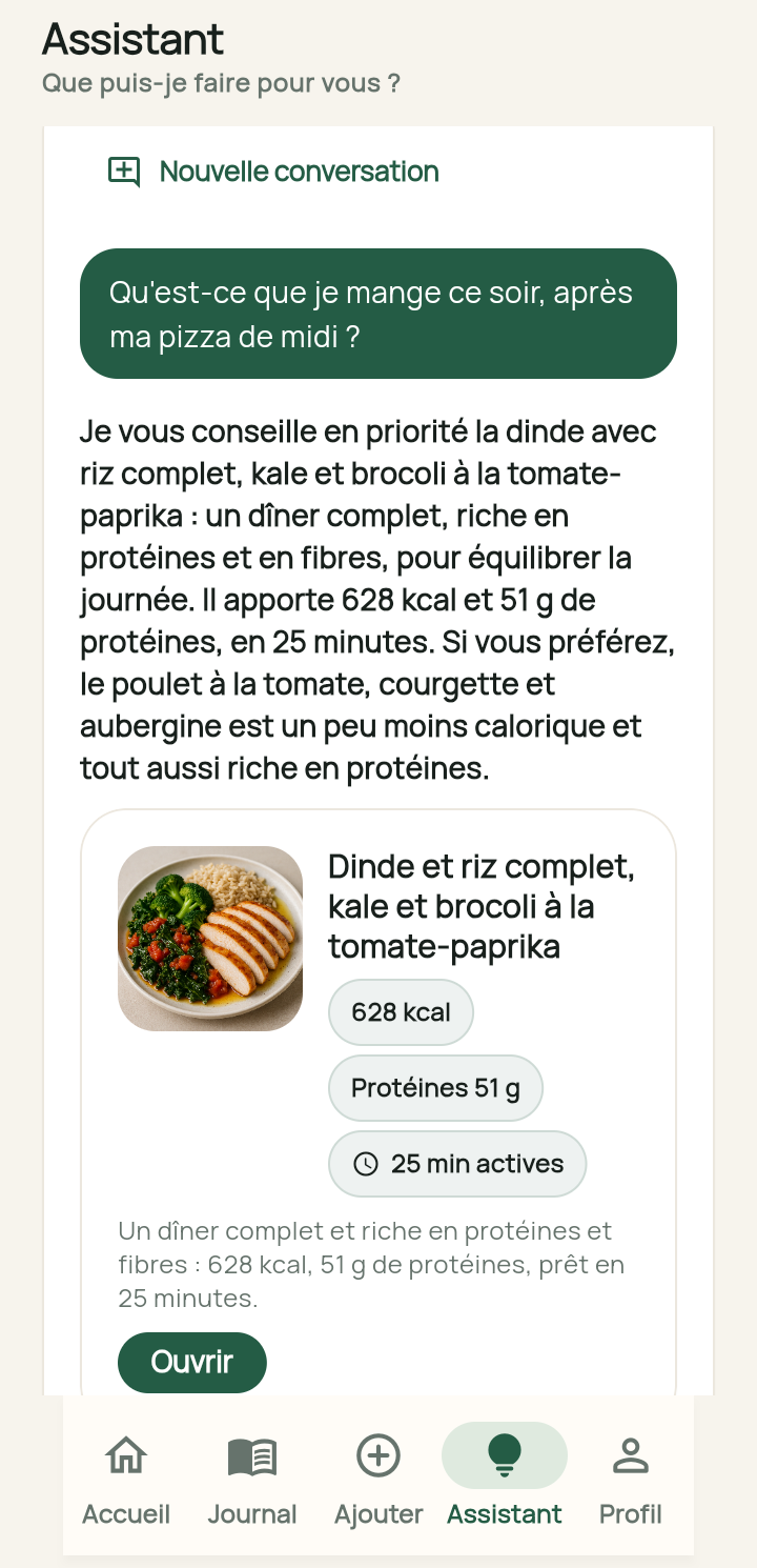 Écran Assistant affichant une question sur un dîner après une pizza le midi
