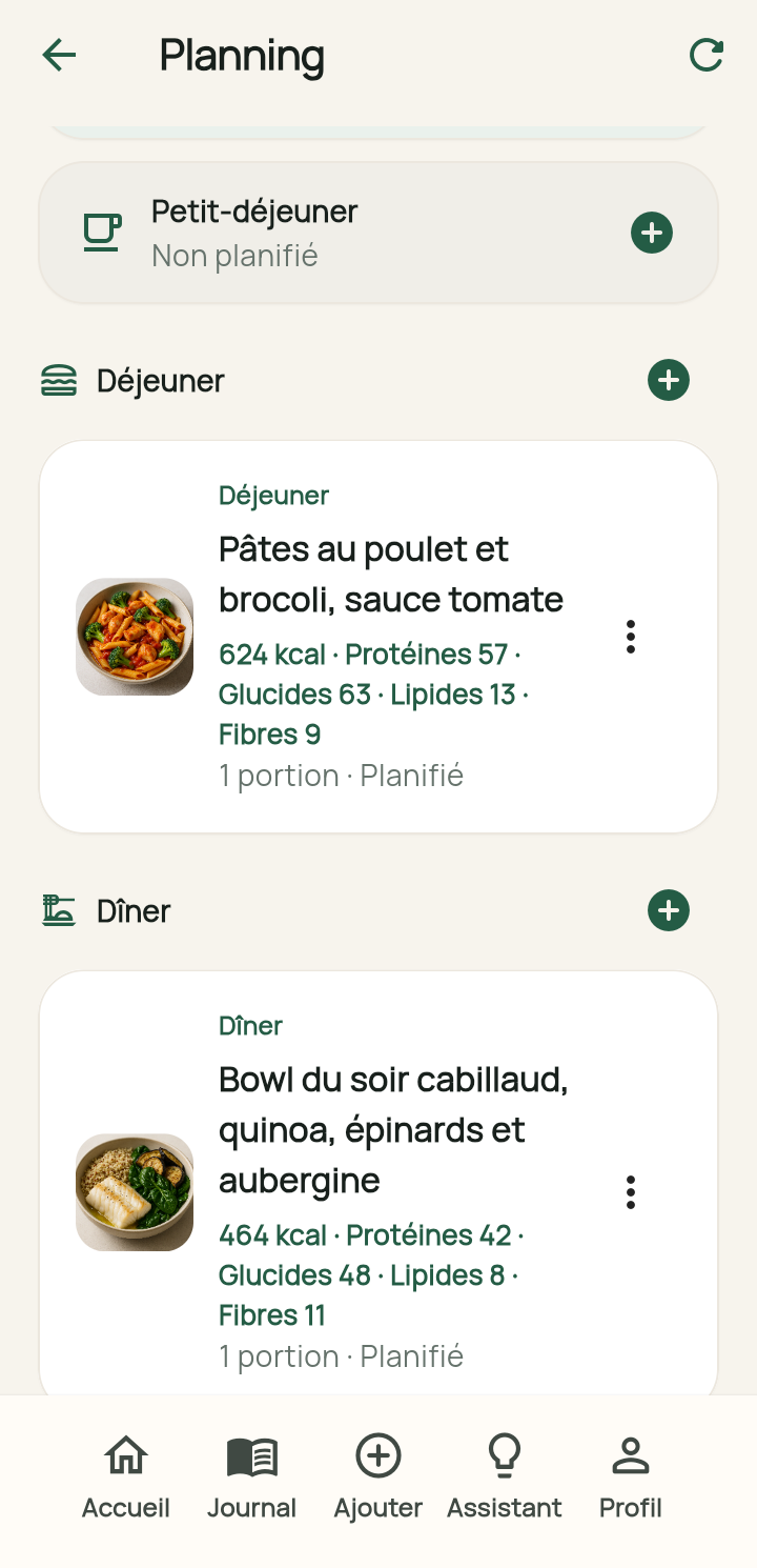 Écran Planning du samedi en vue jour avec déjeuner et dîner