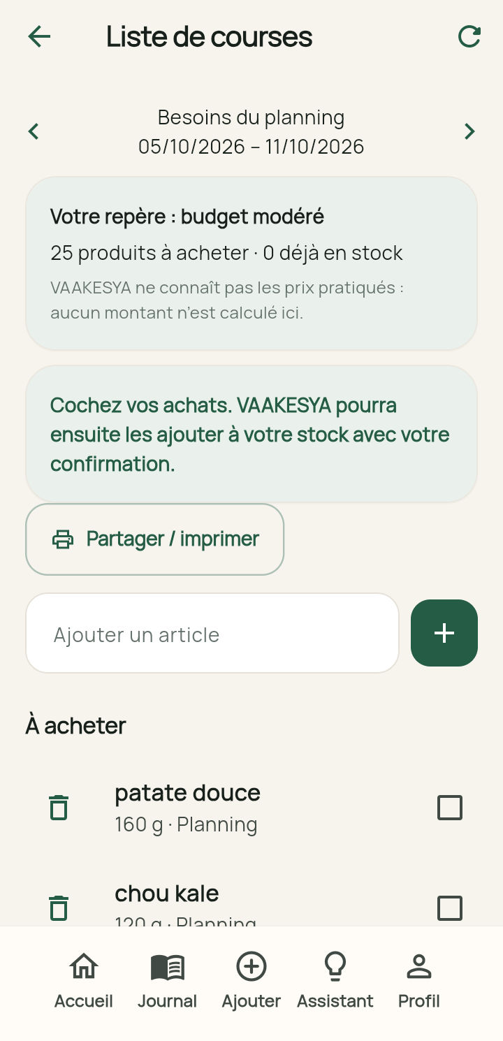 Écran Liste de courses avec les produits à acheter