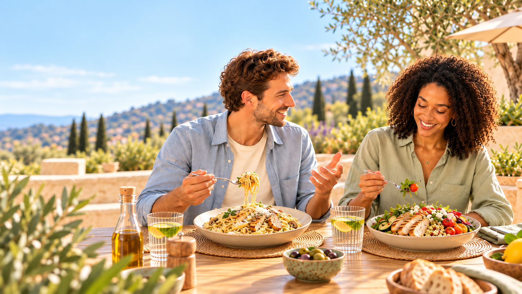 Deux personnes partagent un repas en terrasse, avec un plat de pâtes et une assiette composée.